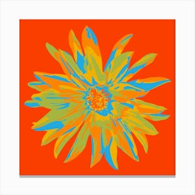 DAHLIA BURSTS Single Abstract Blooming Floral Summer Bright Flower in Orange Yellow Lime Green Blue on Coral Red Canvas Print