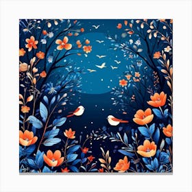 A Bright Toned Design With Flowers And Leaves Trees And Birds A Beautiful And Simple Picture Night Sky With Birds And Flowers Canvas Print