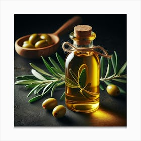 Olive Oil Bottle On Dark Background Canvas Print