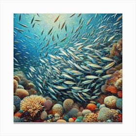 Sardines Gathering Around A Coral Reef In A Vibrant Mosaic, Style Digital Mosaic Canvas Print