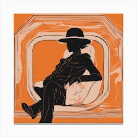 A Silhouette Of A Man Wearing A Black Hat And Laying On Her Back On A Orange Screen, In The Style Of (2) Canvas Print