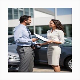 Man And Woman Talking About Cars Canvas Print