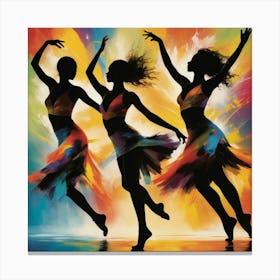 Dynamic silhouettes of dancers in motion against a colorful abstract background. The scene should convey energy, rhythm, and joy, with vibrant splashes of color highlighting the movement. 2 Canvas Print