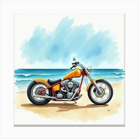 Chopper Bike On A Sandy Beach With Ocean Waves Watercolor 1 Canvas Print