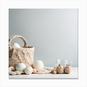 Basket With Yarn And Eggs Canvas Print