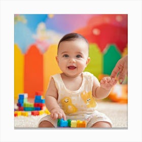 Baby Gripping A Vibrant Paint Palette Cheerful Expression As Fingers Touch A Spectrum Of Vivid Pain Canvas Print