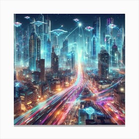 A futuristic cityscape with flying cars4 Canvas Print