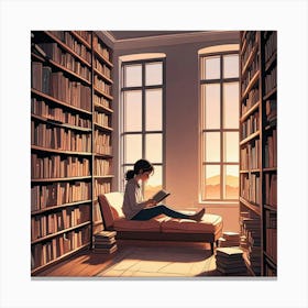 Girl Reading Book In Library Alone Art Print (1) Canvas Print