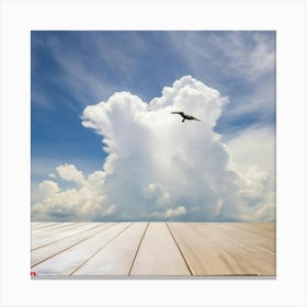 Bird Flying Over A Wooden Table Canvas Print