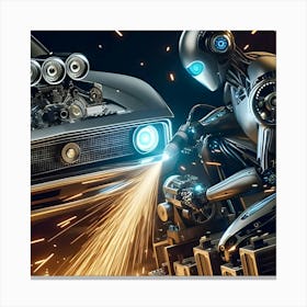 Futuristic Robot Working On Muscle Car Canvas Print