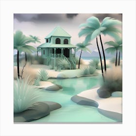 House On The Beach Mint Green Landscape Canvas Print