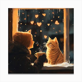 Cat and Person Sharing Hot Cocoa Artwork 3 Canvas Print