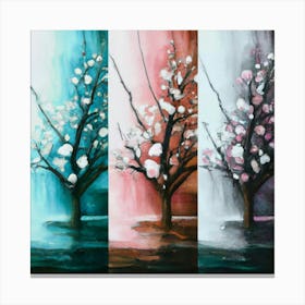 Three different paintings each containing cherry trees in winter, spring and fall 7 Canvas Print