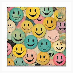 Smiley Faces, Whimsical Collage Featuring Hand Drawn Smiley Faces Spectrum Of Expressions Various Styles Canvas Print