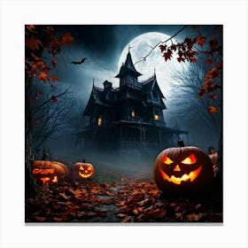 A Fiercely Blazing Haunted House Banner Devilishly Shadowed And Skittish Across The Eerie Pattern O Canvas Print