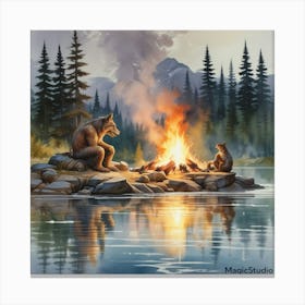 Bears By The Campfire Canvas Print