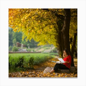 Young Woman Reading Book In Autumn Park 1 Canvas Print