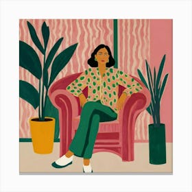 Woman Sitting In Pink Chair Canvas Print