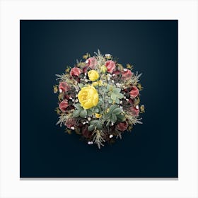 Vintage Yellow Rose Flower Wreath on Teal Blue n.1339 Canvas Print