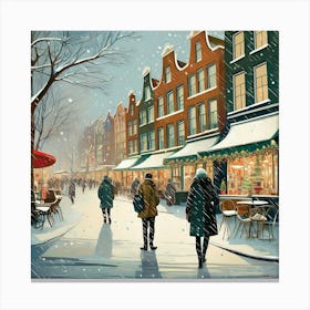 Amsterdam cafes, winter season, Christmas, pale colors, pedestrians in the street, winter clothes, falling snow.13 Canvas Print