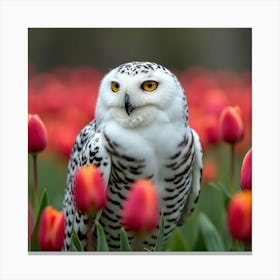 Snowy Owl In A Bed Of Tulips 1 Canvas Print