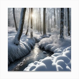 Banks of the Winter Woodland Stream in Snow 1 Canvas Print