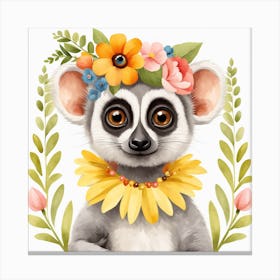 Floral Baby Lemur Nursery Illustration (32) Canvas Print
