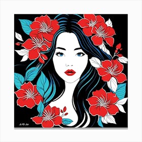 Color Portrait Illustration Of A Exotic Beauty With Red And Blue Flower Decoration Canvas Print