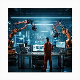 Cyber Industrial Interface Showcasing A Factory Manager Overseeing A High Tech Manufacturing Floor (1) Canvas Print