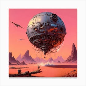 a mechanical sphere floating over a pink desert, 1970's sci fi, illustration by Moebius Canvas Print