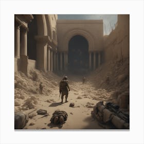 Soldier Walks Through Ruins Canvas Print