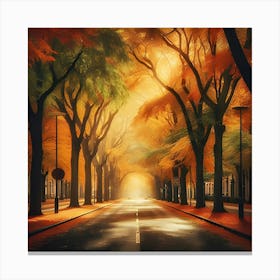 A Picture Of A Street With Trees In Fall Colors And Leaves On The Ground 3 Canvas Print