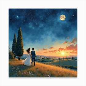 Romantic Watercolor Of An Italian Couple Under The Stars In A Tuscan Countryside Canvas Print