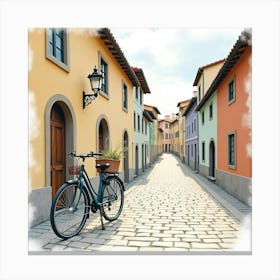 Bicycle On A Cobblestone Street With Old Buildings Watercolor 1 Canvas Print