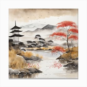 Japanese Landscape Painting Sumi E Drawing (17) Canvas Print