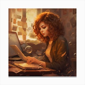 Girl Working On Her Laptop Canvas Print