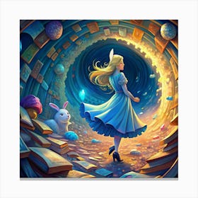 Alice In Wonderland Entering A Book Portal With White Rabbit Canvas Print