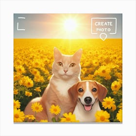 Dog And Cat In A Field Canvas Print