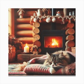 Cozy Cat In Front Of Fireplace Canvas Print