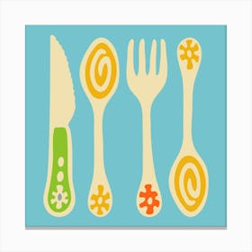 CUTLERY Pop Art Utensils Knife Spoon Fork in Vintage Retro Green Yellow Orange on Blue Kitchen Canvas Print