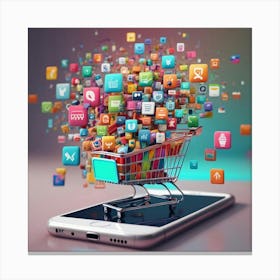 Shopping Cart With Mobile App Icons 1 Canvas Print