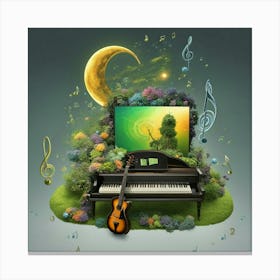 Guitar and Piano In The Garden with Moon in Background Canvas Print