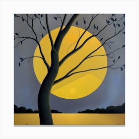 A Tree of life in front of a yellow moon. The tree is tall and thin, with bare branches. The moon is large and round, and it is casting a bright yellow light on the tree and the ground below. The painting is very simple, but it is also very effective. The artist has used a limited number of colors, but they have used them to create a very striking and atmospheric image. The contrast between the black tree and the yellow moon is very stark, and it creates a sense of drama and tension. The painting is also very well-composed. The tree is placed in the center of the image, and the moon is placed in the background. This creates a sense of balance and harmony. Overall, I think the painting is a very beautiful and effective work of art. It is also a very good example of how to use a limited number of colors to create a striking and atmospheric image. Here are some additional observations I can make about the painting: The tree is bare, which suggests that the painting is set in the winter. The moon is full, which suggests that the painting is set at night. The sky is black, which suggests that the night is clear and starlit. The ground is covered in snow, which suggests that the painting is set in a cold climate. The painting has a very somber and melancholic mood. This is conveyed by the use of dark colors, the bare tree, and the cold, winter setting. The painting may be about the loneliness and isolation of winter, or it may be about something more general, such as the ephemeral nature of life 2 Canvas Print