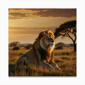 A Majestic Lion Lounging On A Grassy Savanna At Sunset, Surrounded By The Golden Hues Of The Setting Sun And The Vast Expanse Of The African Plains 2 Canvas Print