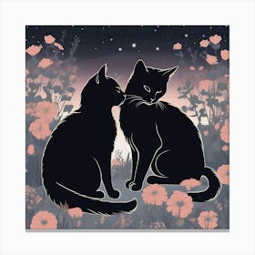 Silhouettes Of Cats In The Garden At Night, Grey, Peach And Black Canvas Print