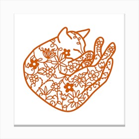 Sleeping Cat With Flowers Papercut Canvas Print