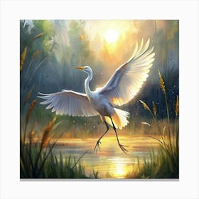 White Great Egret Bird Taking Flight At Sunset Canvas Print