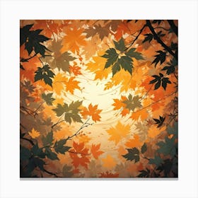 A Stylized Illustration Of Autumn Leaves In Shades Of Orange And Green, Viewed From Below Against A Warm, Sunlit Sky Canvas Print