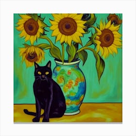 Vase With Three Sunflowers With A Black Cat, Van Gogh Inspired Canvas Print