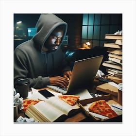 Man Working On Laptop With Pizza Canvas Print
